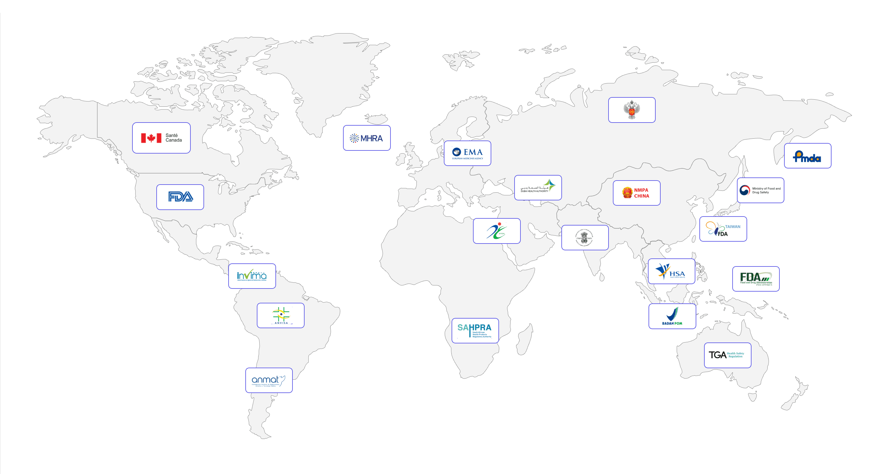 World map showing global regulatory agencies